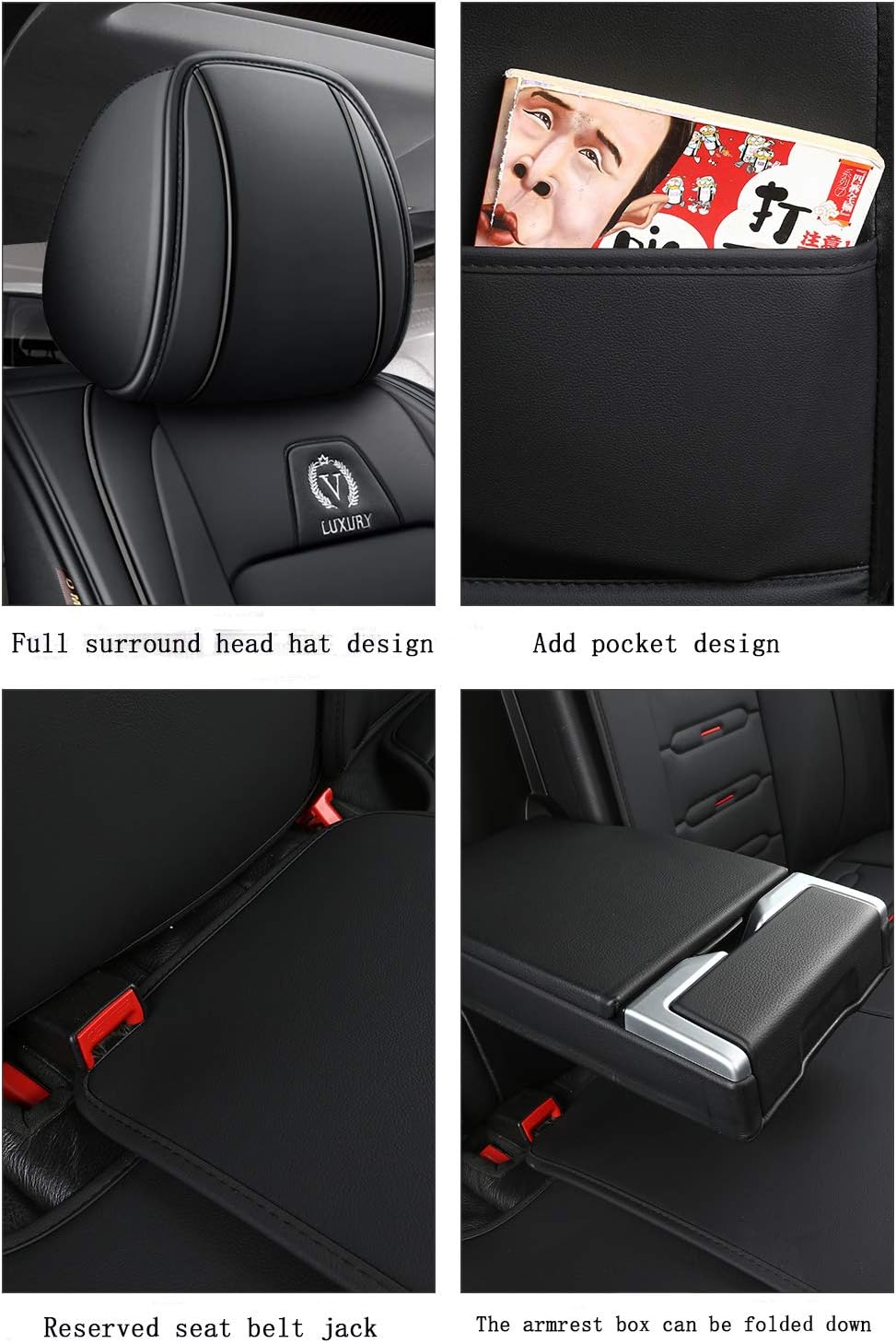 Black Leather Car Seat Covers 5 Seats Full Set D474