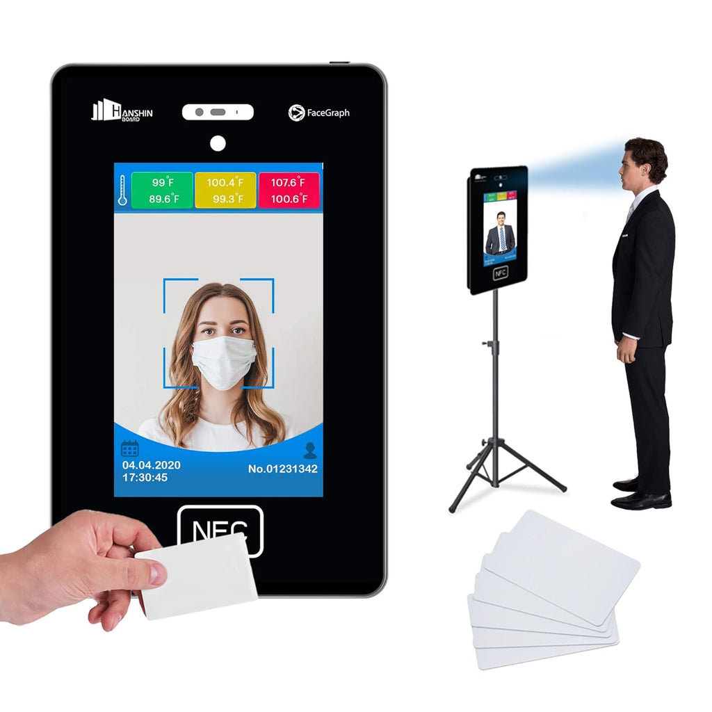 No Contact Temperature & Attendance Tracking Scanner Kiosk with Steel Floor Stand and 50 RFID Cards Bundle P4769