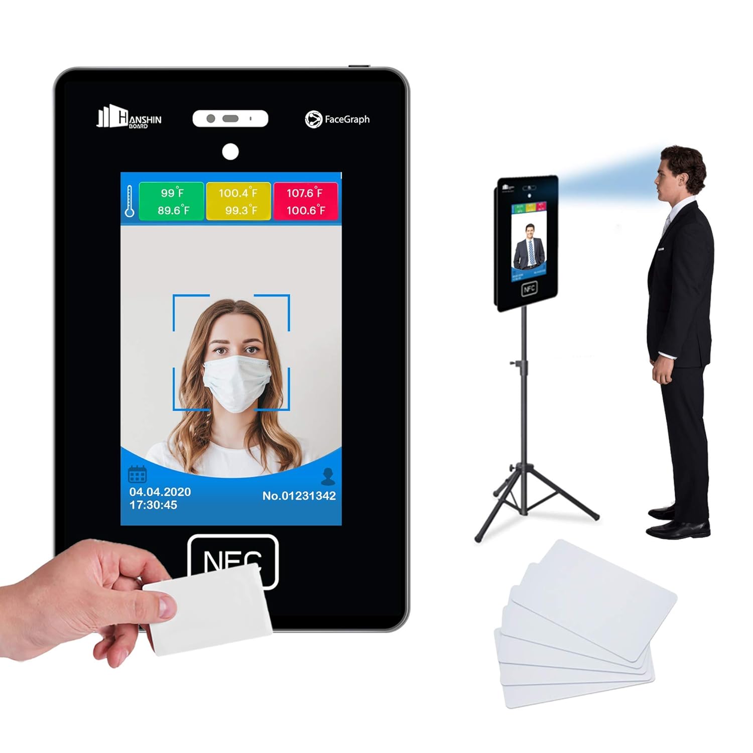 No Contact Temperature & Attendance Tracking Scanner Kiosk with Steel Floor Stand and 50 RFID Cards Bundle P4769