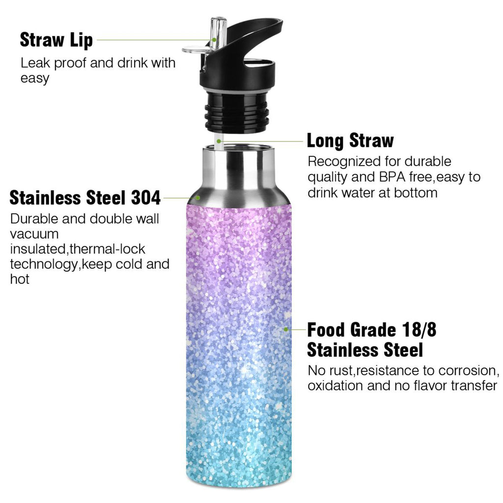 Glitter Gold Purple Green Stainless Steel Vacuum Insulated Water Bottle with Straw Lid 20 OZ T6247
