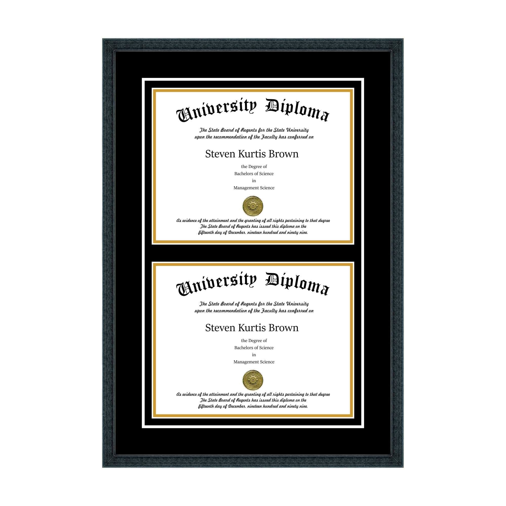 Double Diploma Frame with Double Matting for 17x22 x 11x22 Tall Diploma with Black Frame T976
