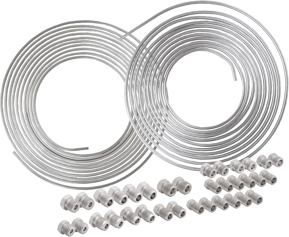 25 ft 3/16 and 1/4 Stainless Steel Brake Line Tubing Coil and Fitting Kit, 2 Kits, 16 Fittings per Kit, Inverted Flare, SAE Thread, 0.028 inch Wall Thickness, Pack of 2 G9160
