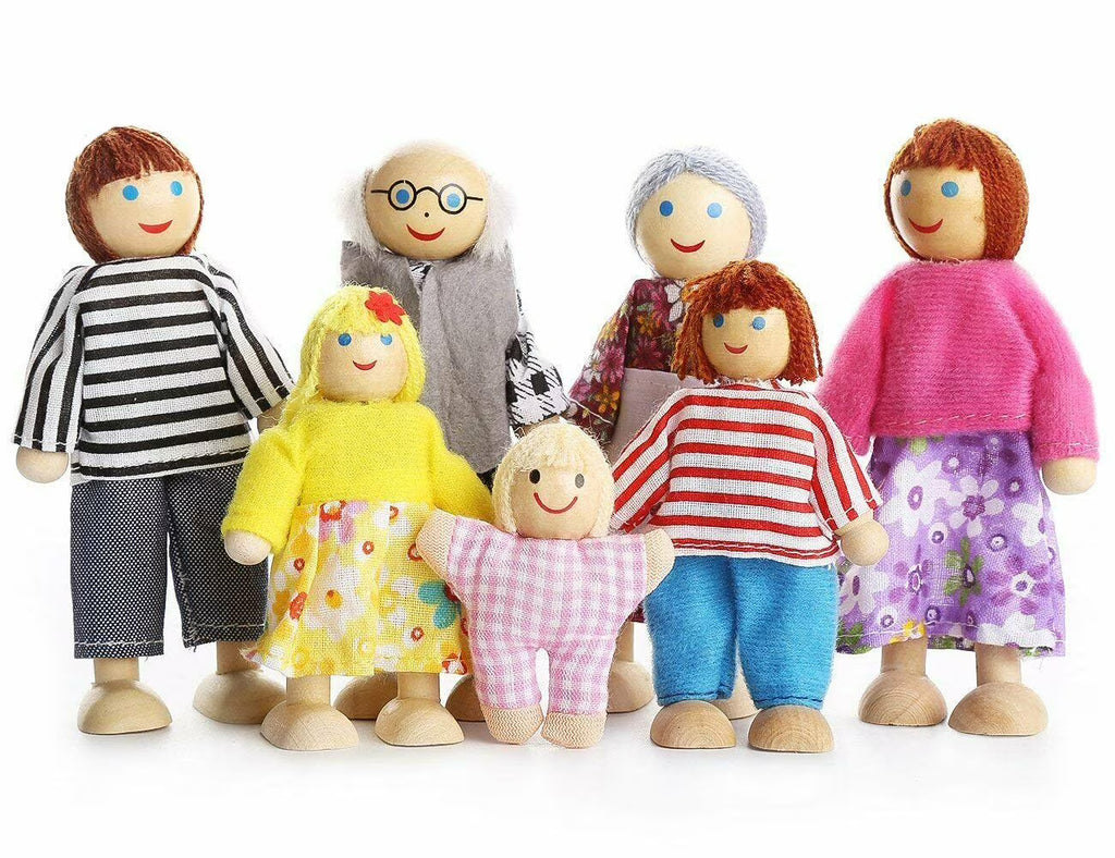 7 Pcs Kids Wooden Dollhouse Family Dolls Figures Pretend Play Toys W252514