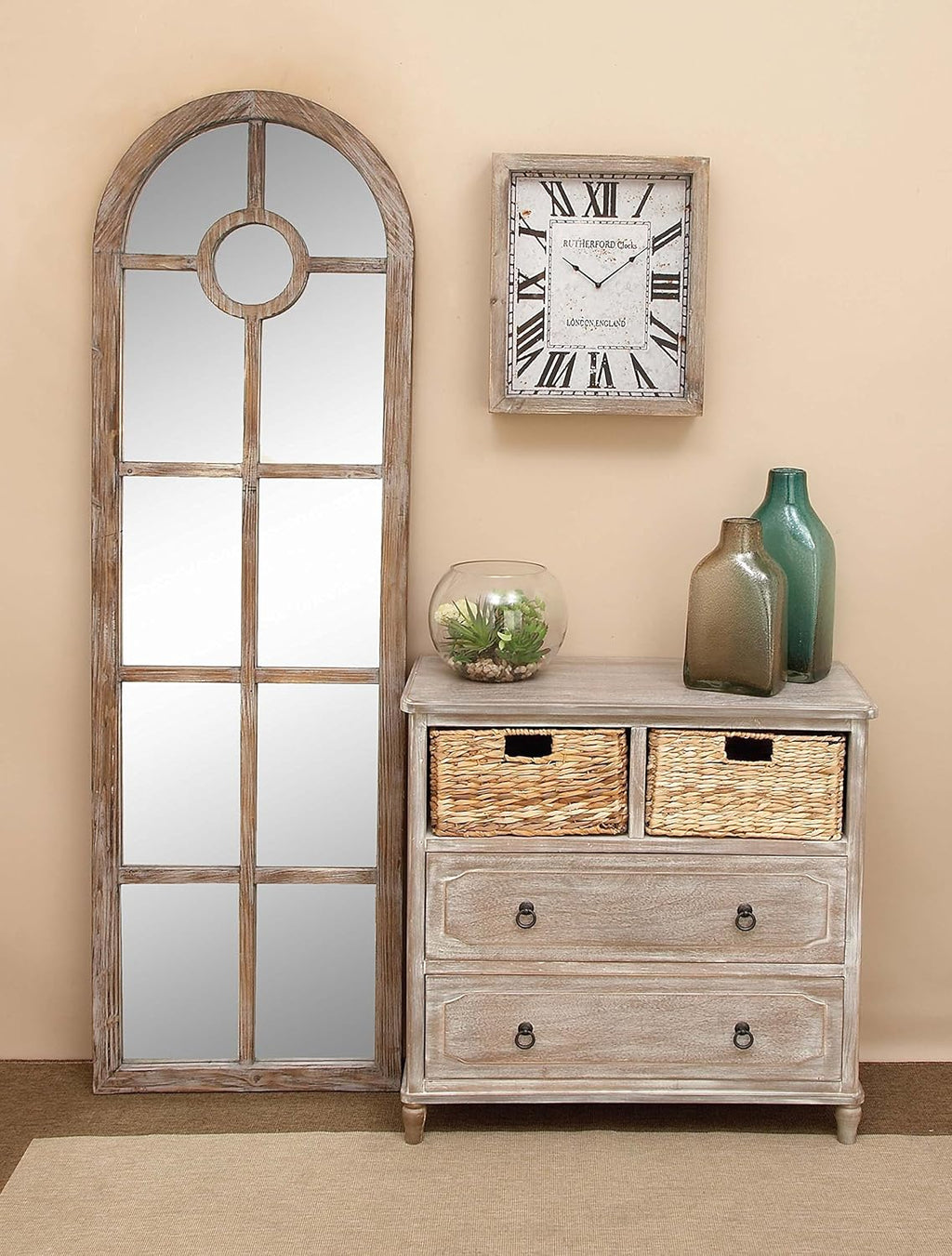 Beige Wood Cabinet with Natural Wicker Storage Basket Drawers K7176