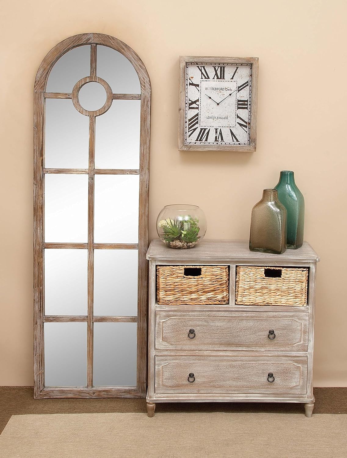 Beige Wood Cabinet with Natural Wicker Storage Basket Drawers K7176