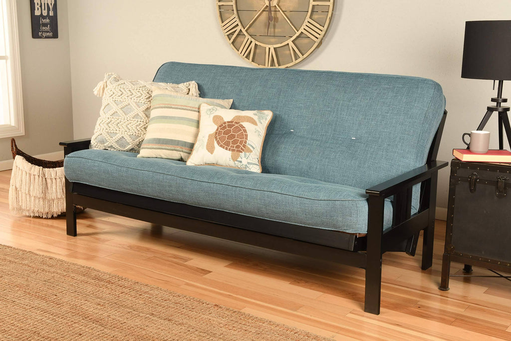 Black Full Size Futon Frame with Linen Aqua Mattress W771684
