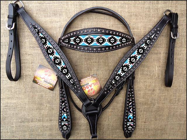 Black Leather Horse Headstall Breast Collar Set O113496