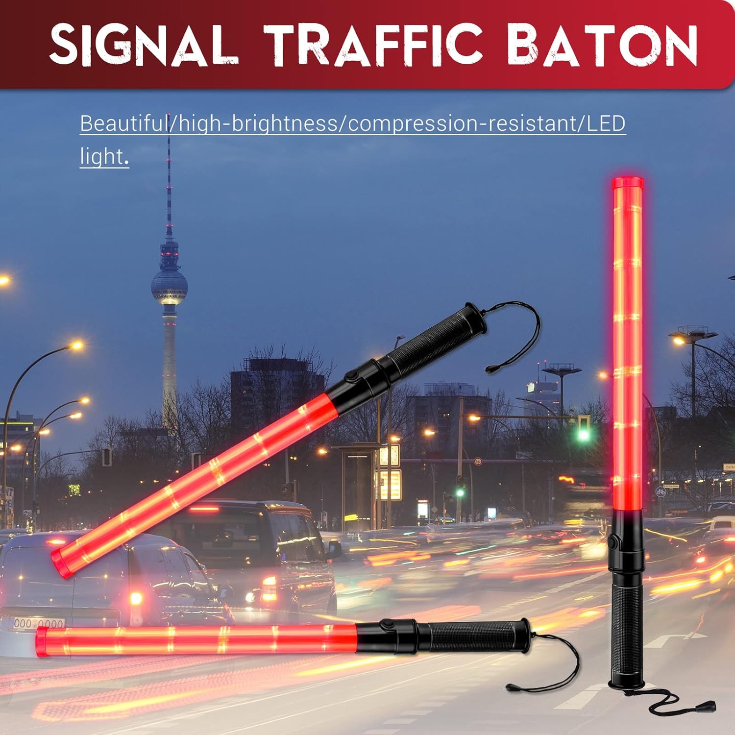 24 Pieces 21 Inch LED Safety Traffic Control Wand with 2 Flashing Modes, Wrist Strap Lanyard and Side Clip D22360