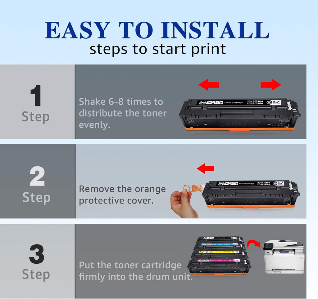 Compatible Toner Cartridge 4-Pack for HP 204A CF510A CF511A CF512A CF513A Pro MFP M180n M180nw M181fw M154a M154nw Color Pro Printer (Black, Cyan, Yellow, Magenta) K876725