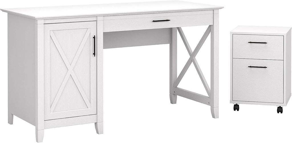 54W Computer Desk with Storage and 2 Drawer Mobile File Cabinet, Pure White Oak M81999