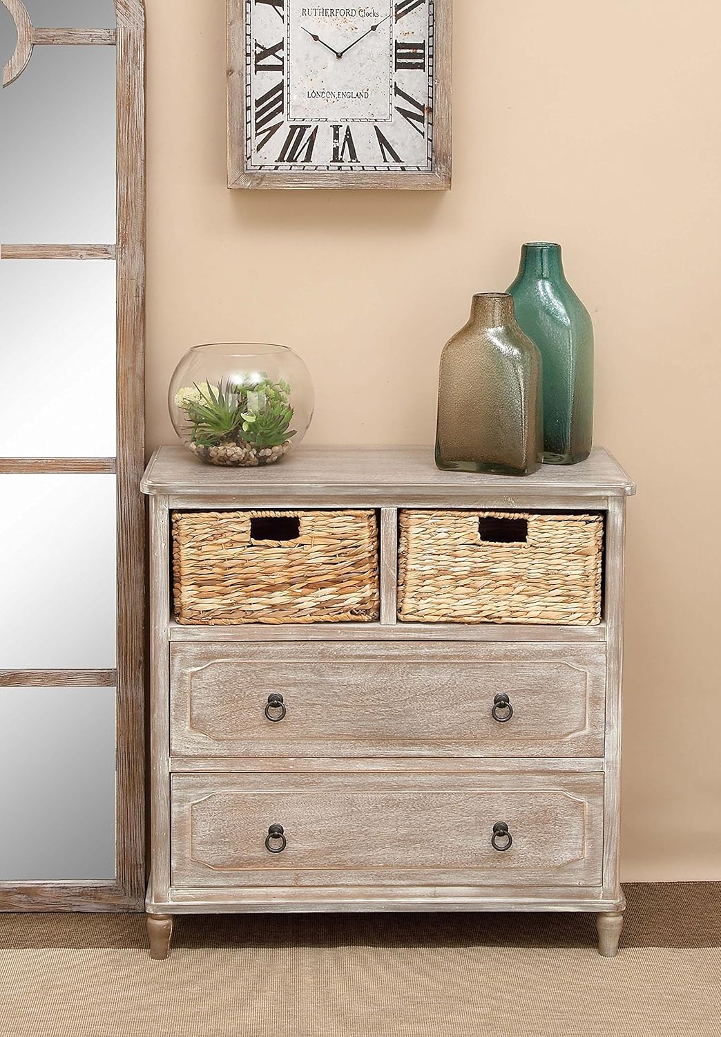 Beige Wood Cabinet with Natural Wicker Storage Basket Drawers K7176