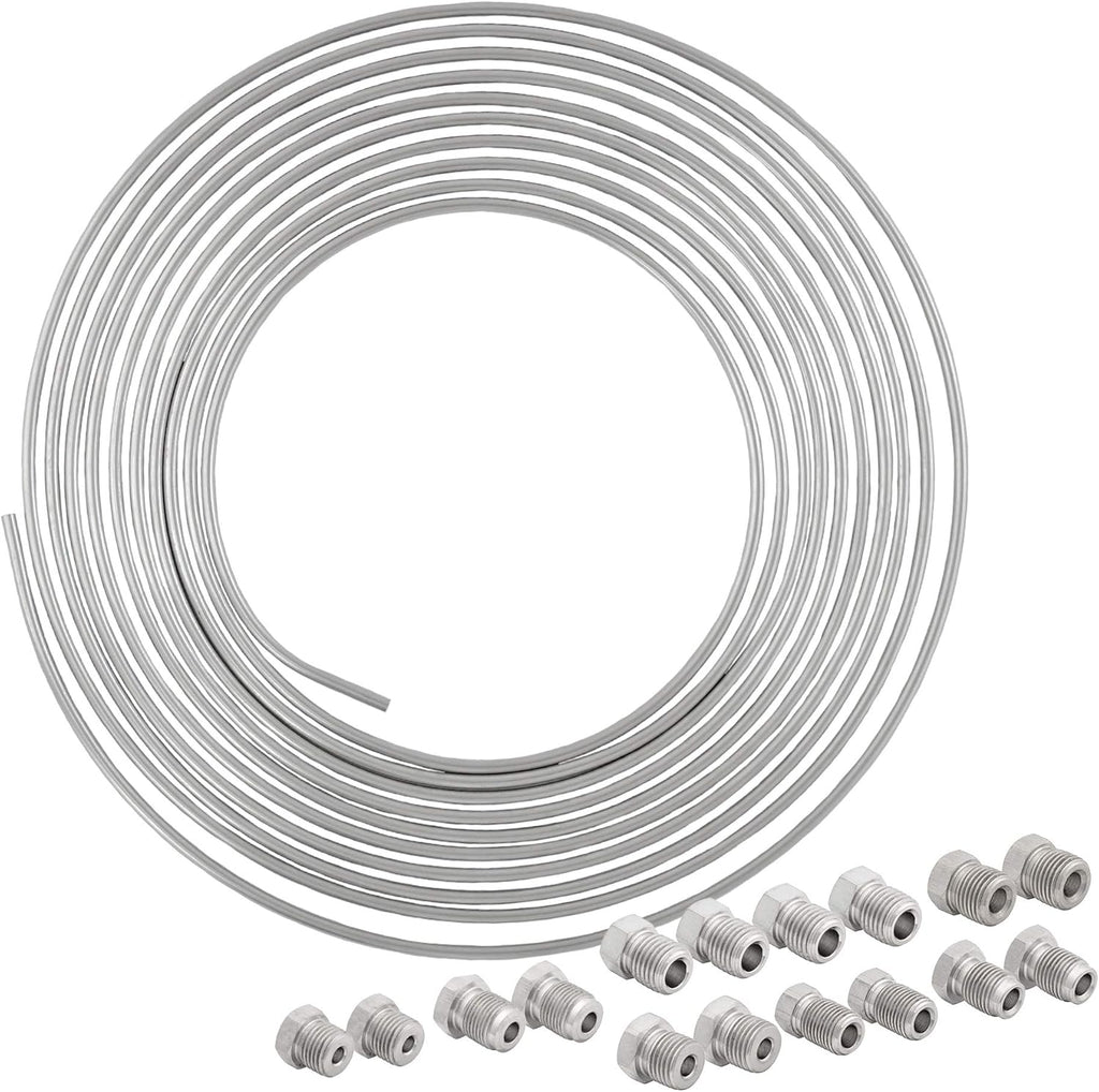 25 ft 3/16 and 1/4 Stainless Steel Brake Line Tubing Coil and Fitting Kit, 2 Kits, 16 Fittings per Kit, Inverted Flare, SAE Thread, 0.028 inch Wall Thickness, Pack of 2 G9160