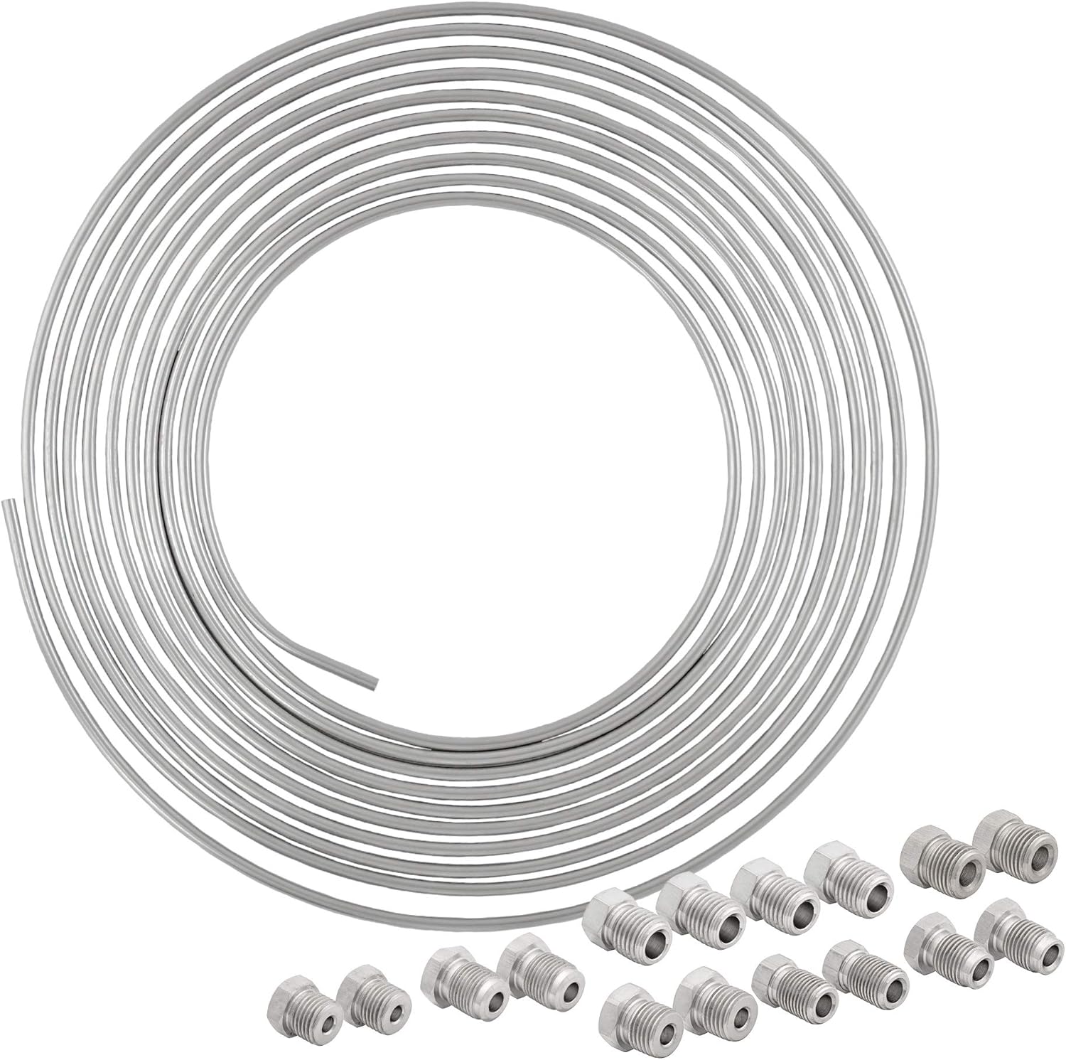 25 ft 3/16 and 1/4 Stainless Steel Brake Line Tubing Coil and Fitting Kit, 2 Kits, 16 Fittings per Kit, Inverted Flare, SAE Thread, 0.028 inch Wall Thickness, Pack of 2 G9160