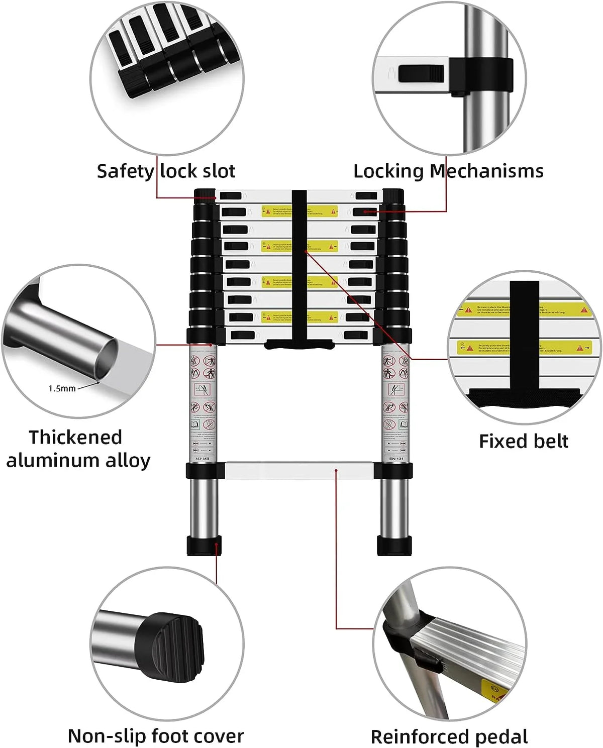 Telescoping Ladder, 12.5 FT Aluminum Heavy Duty 330 lbs Load G21452