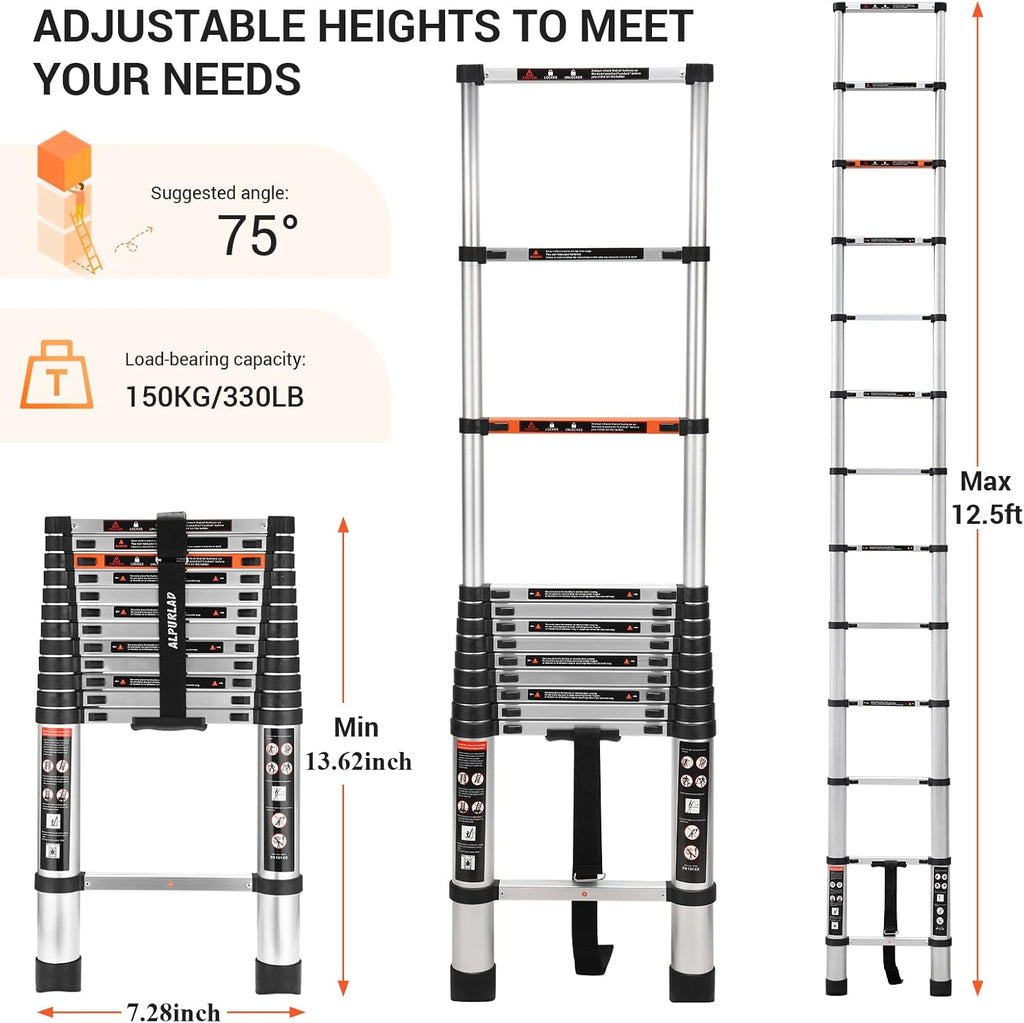 Telescoping Ladder 12.5FT Aluminum Lightweight Collapsible Ladder, 330lbs Capacity C2539