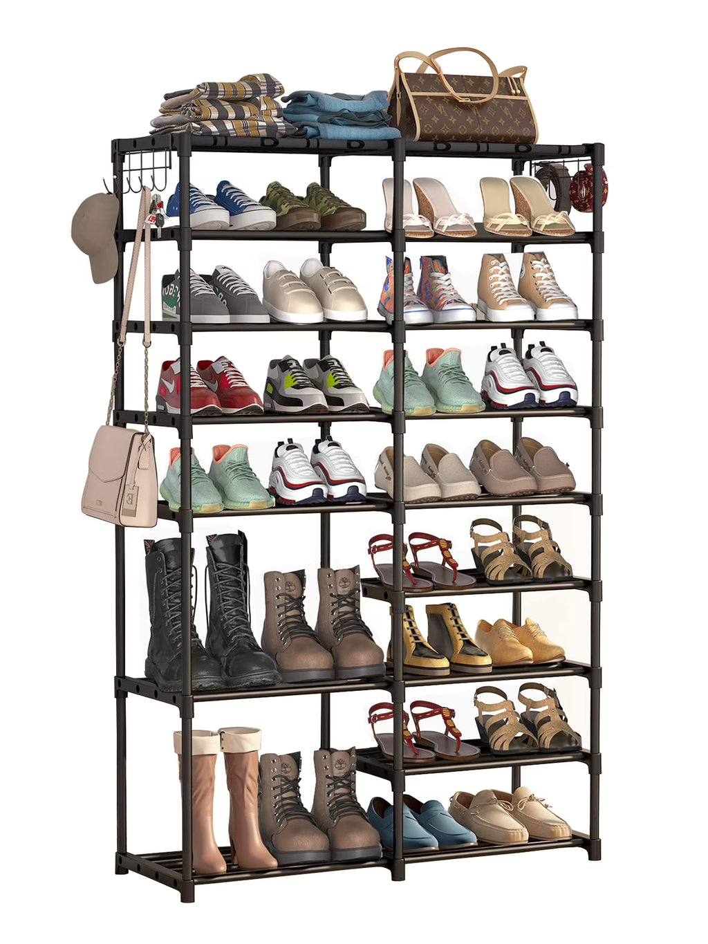 Black 9 Tiers Stackable Shoe Rack with 2 Hooks Z96946