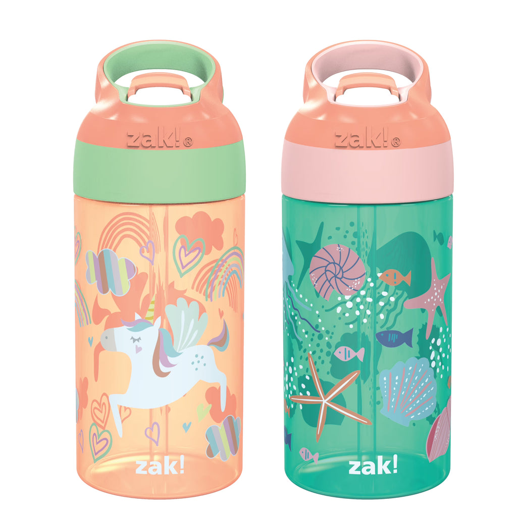 2pc 16 oz Kids Water Bottle Plastic with Flip Straw Spout Cover and Carry Handle T461