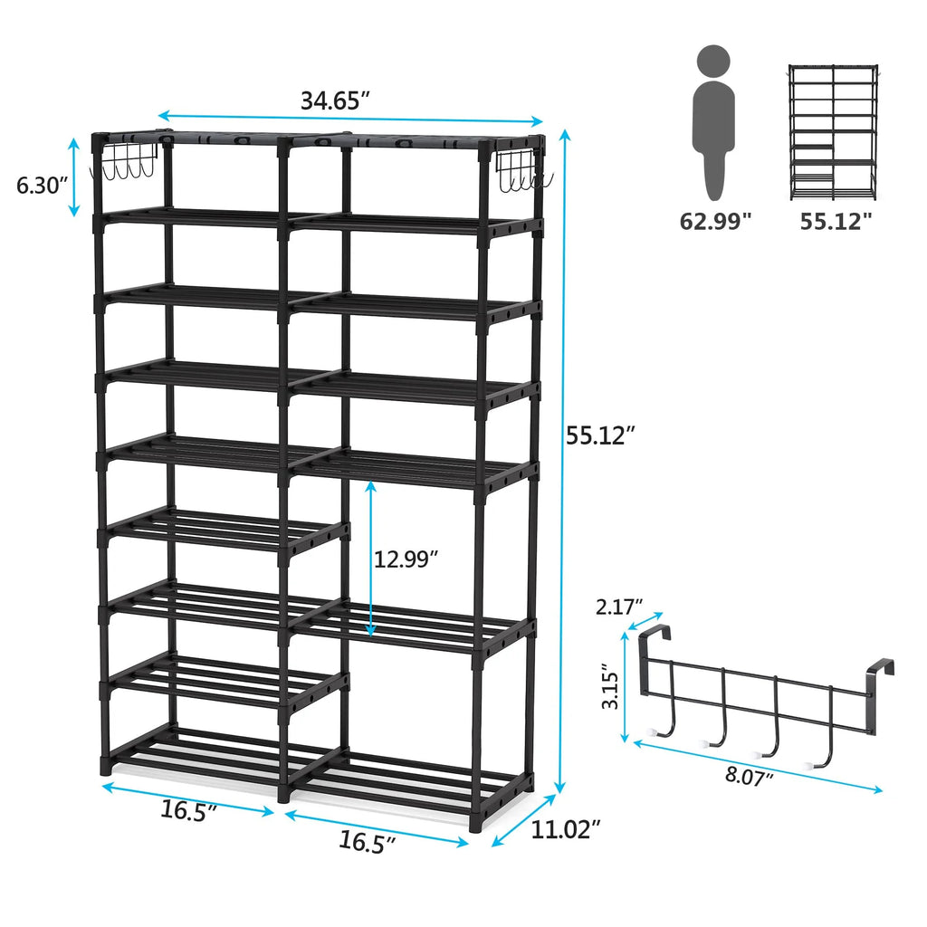 Black 9 Tiers Stackable Shoe Rack with 2 Hooks Z96946