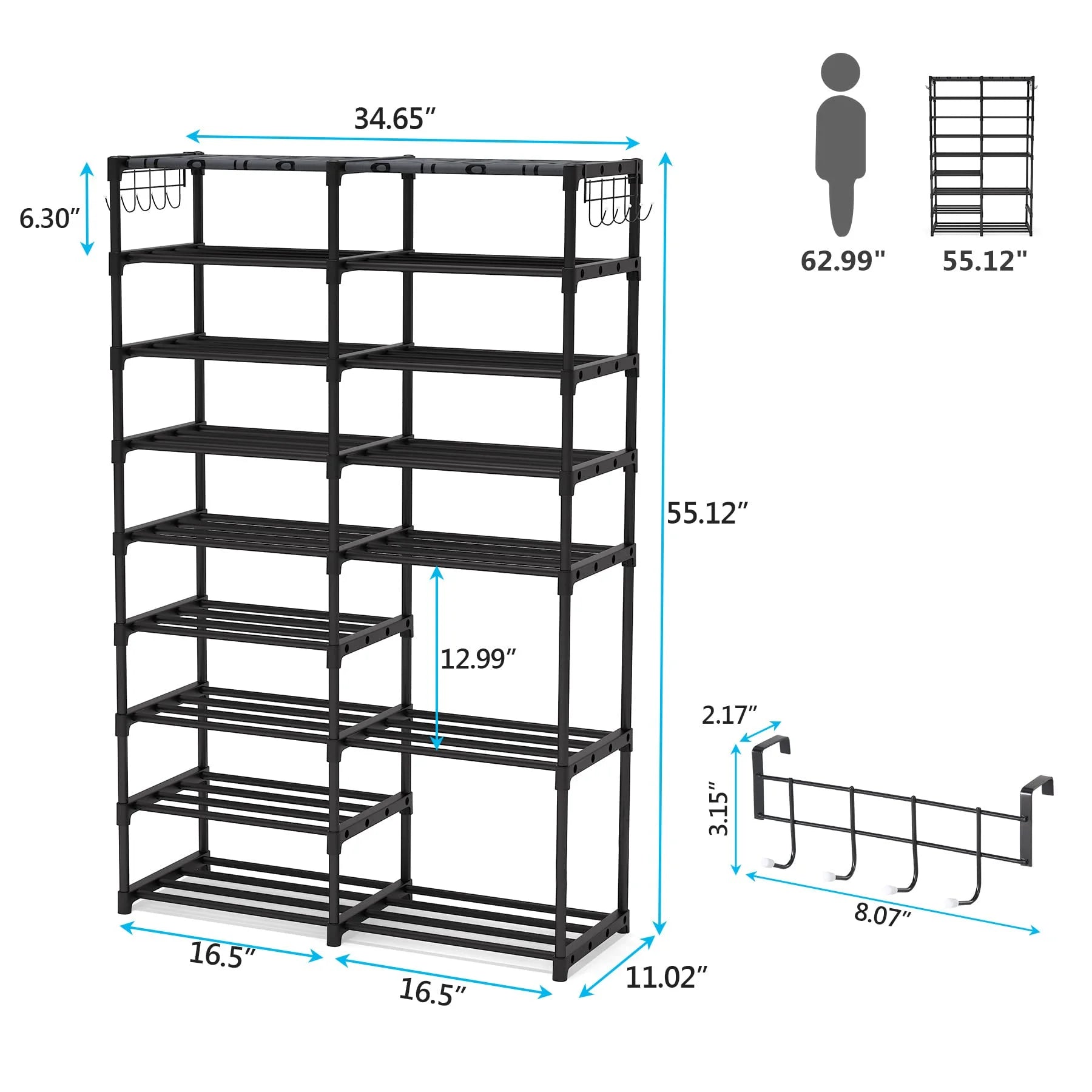 Black 9 Tiers Stackable Shoe Rack with 2 Hooks Z96946