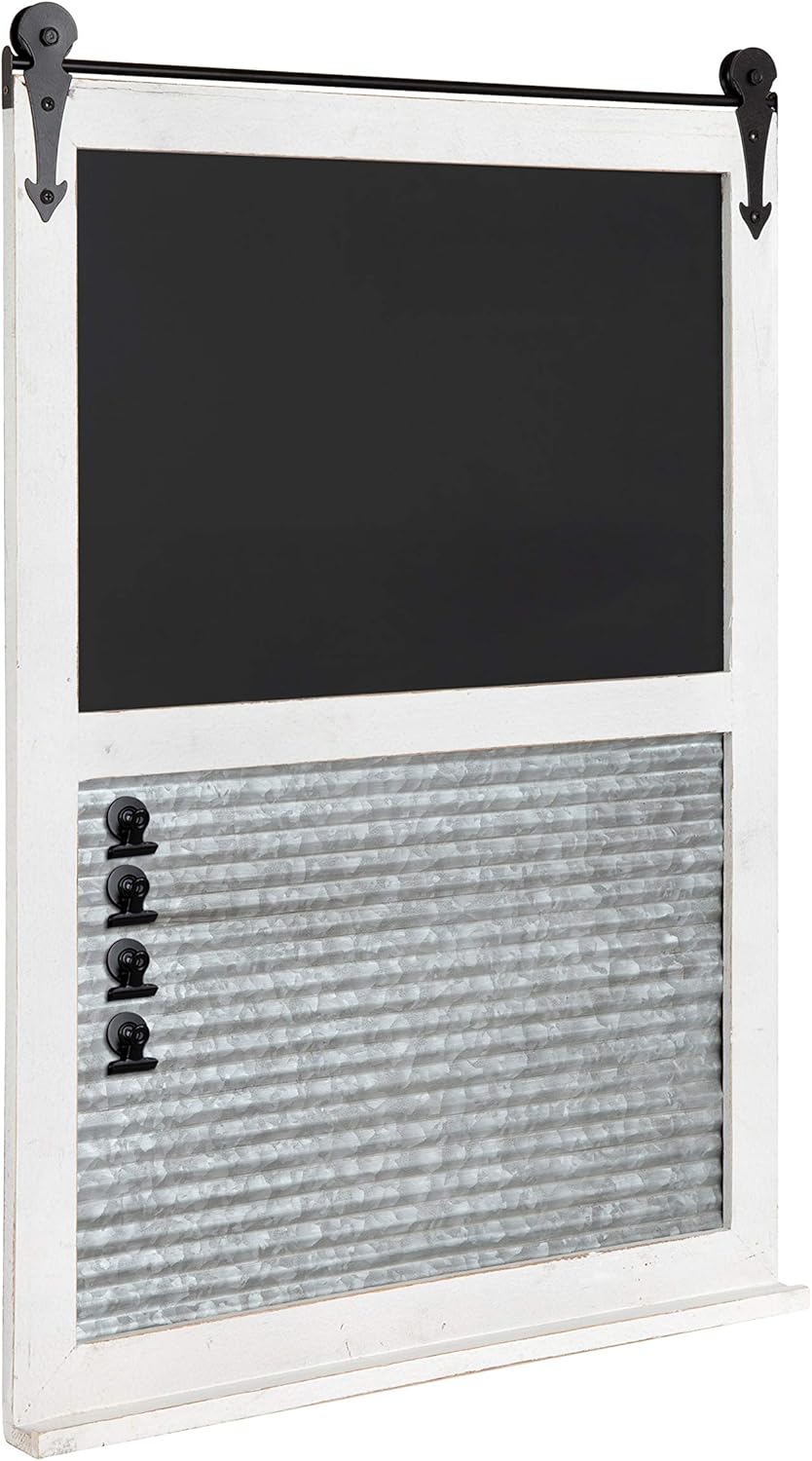 Rustic White Wood Framed Multi-Use Organizer with Chalkboard and Magnetic Memo Area P66141