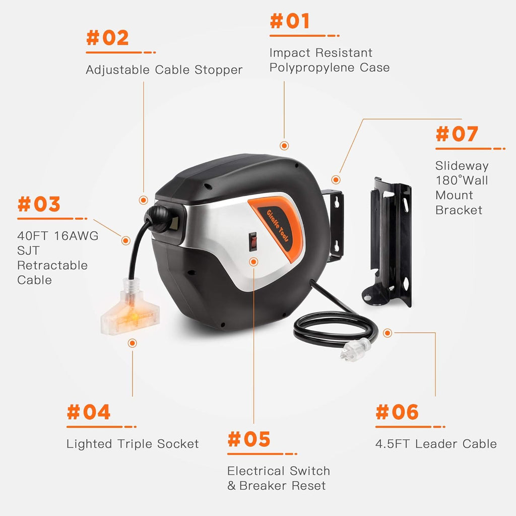 Retractable Extension Cord Reel 40ft Heavy Duty with Swivel Bracket Lighted Triple Tap A89059