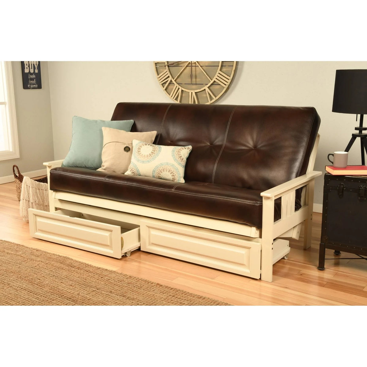 Antique White Full-Size Storage Futon with Mattress E41757