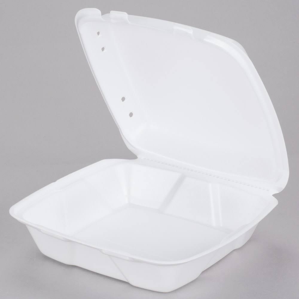 White Foam Square Vented Take Out Container with Perforated Hinged Lid T5864