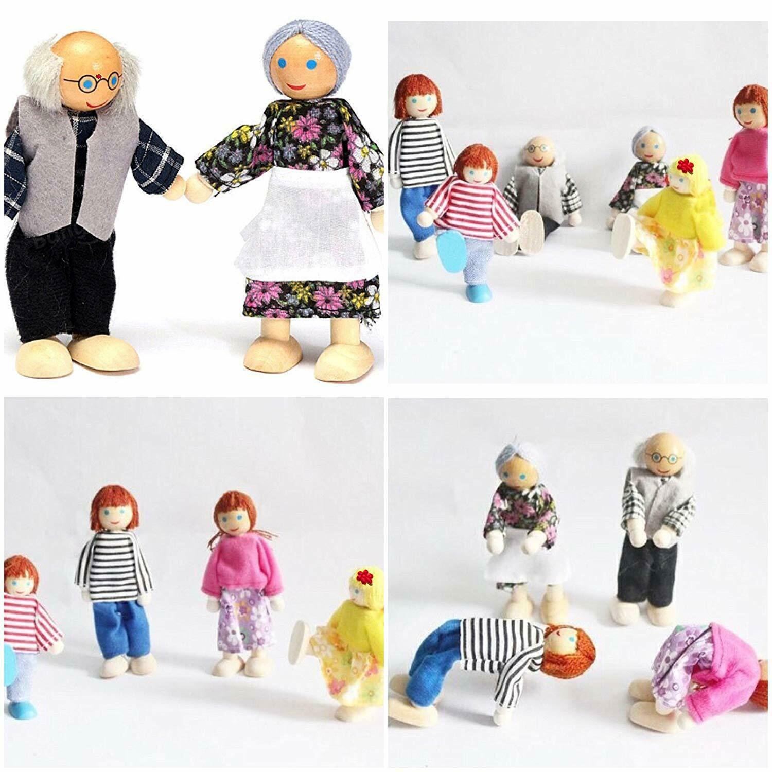 7 Pcs Kids Wooden Dollhouse Family Dolls Figures Pretend Play Toys W252514