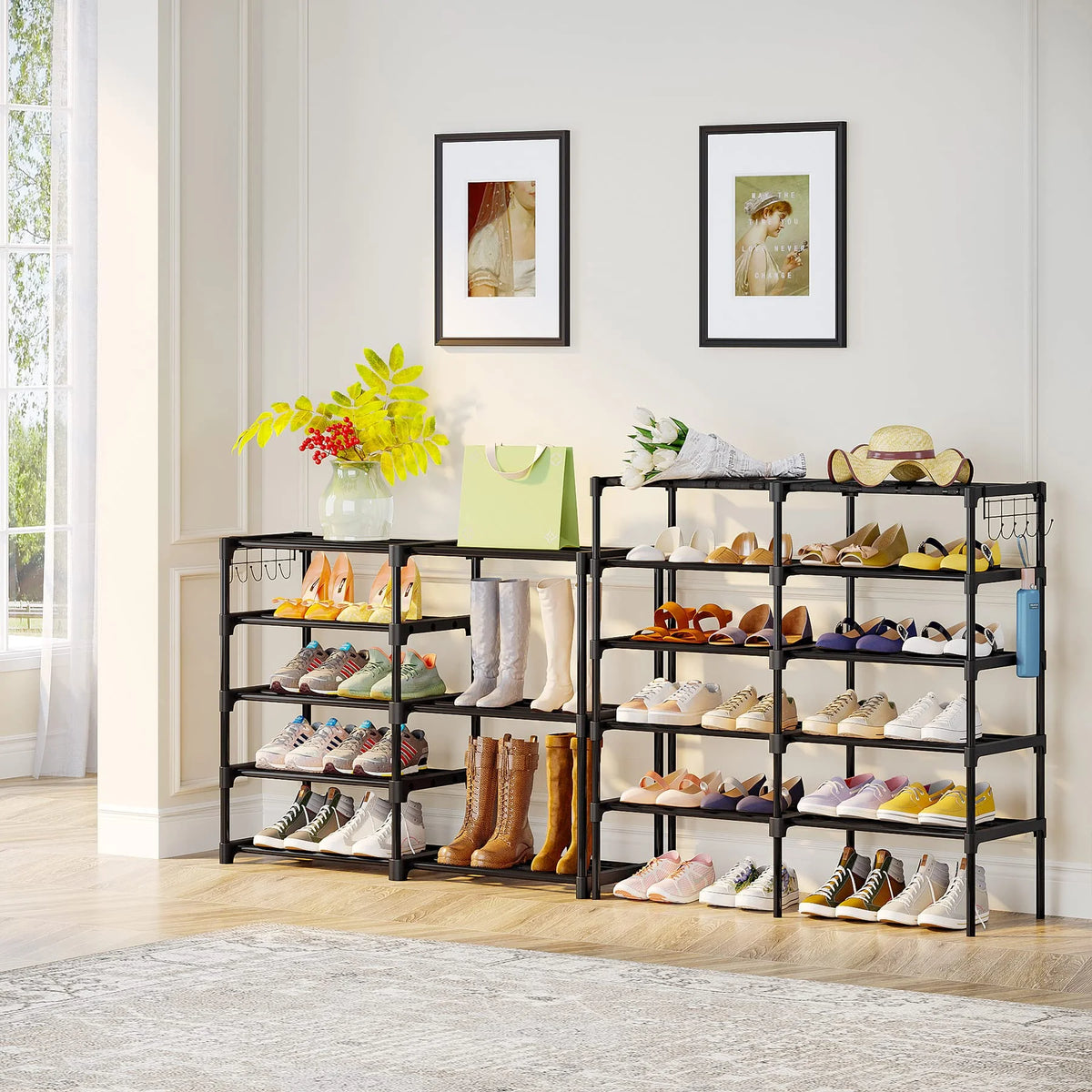 Black 9 Tiers Stackable Shoe Rack with 2 Hooks Z96946