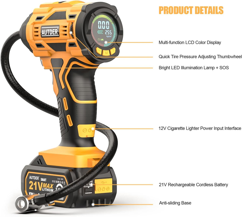 21V Cordless Tire Inflator Air Compressor with Digital Pressure Gauge, 180PSI, Pack of 2 Z576