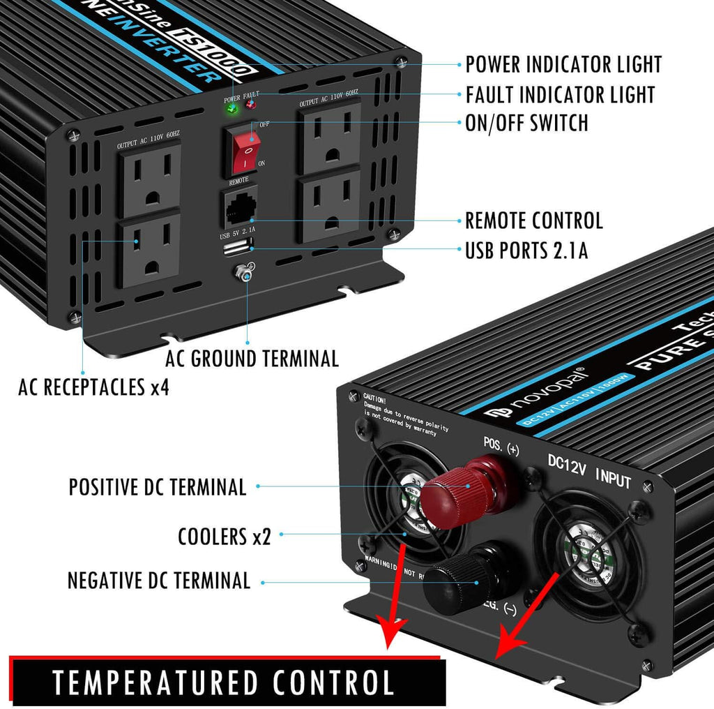 Pure Sine Wave Power Inverter 1000 Watt 12V DC to 110V AC Converter with 4 AC Outlets and One USB Port B977