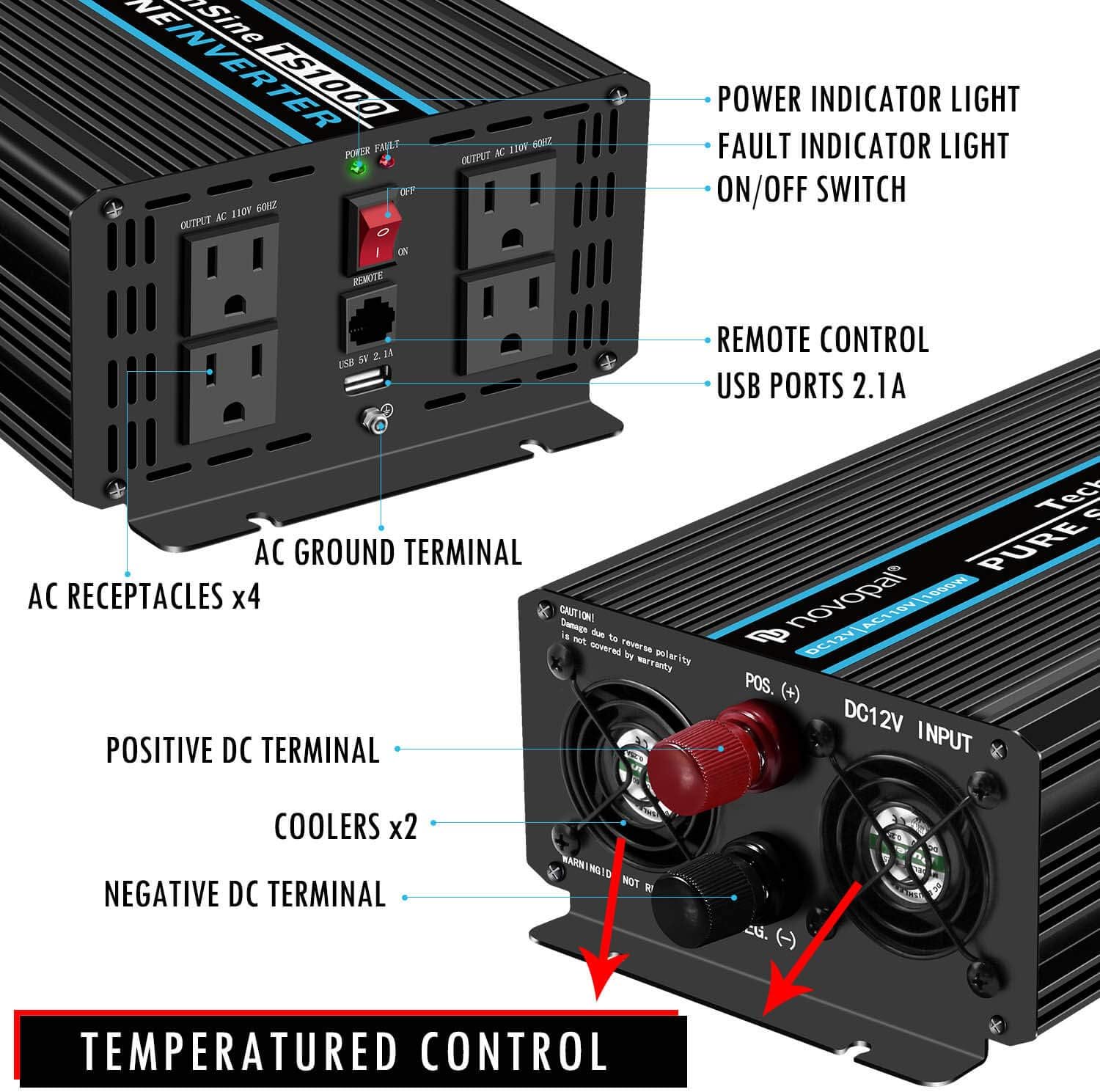 Pure Sine Wave Power Inverter 1000 Watt 12V DC to 110V AC Converter with 4 AC Outlets and One USB Port B977