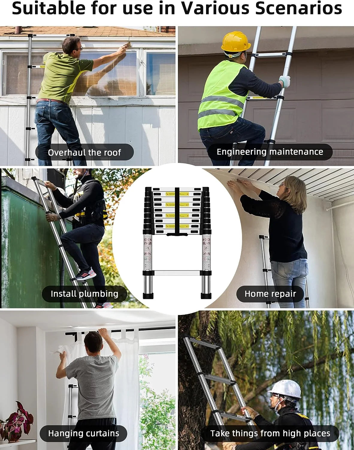 Telescoping Ladder, 12.5 FT Aluminum Heavy Duty 330 lbs Load G21452