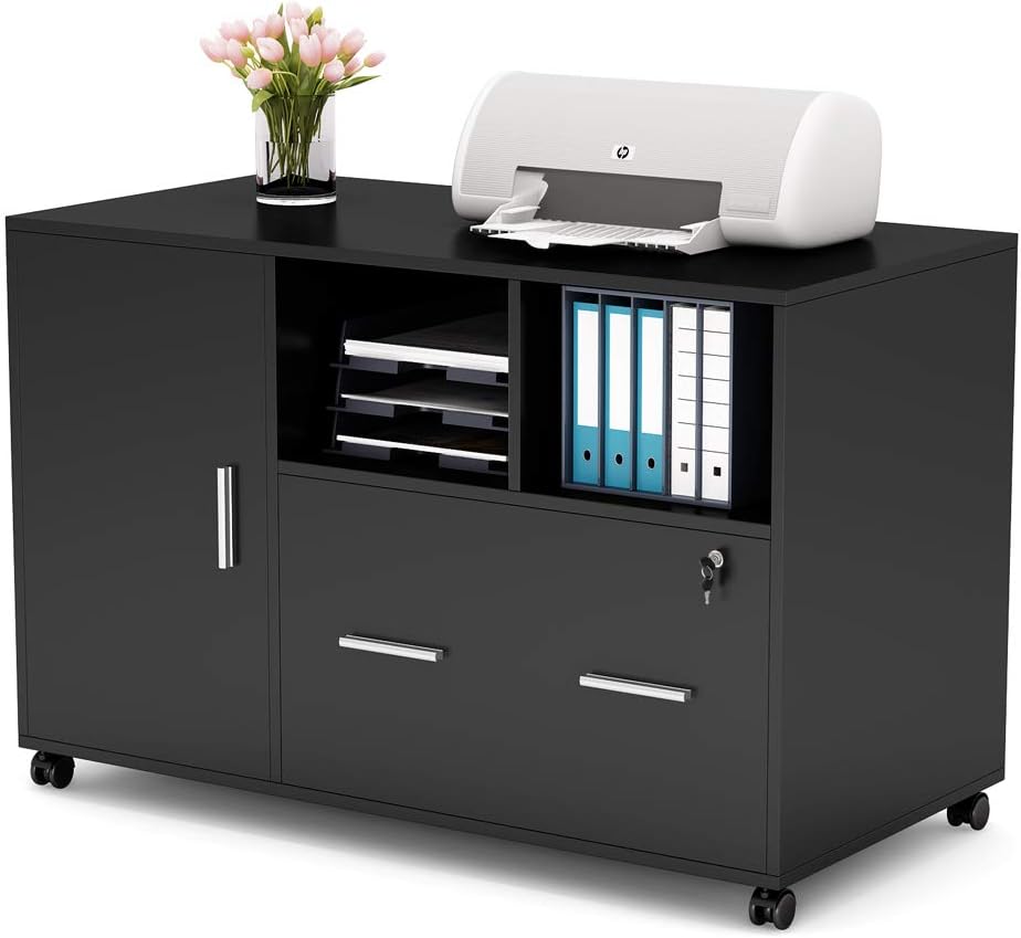 White Mobile Lateral File Cabinet with Lock and Drawer P793211
