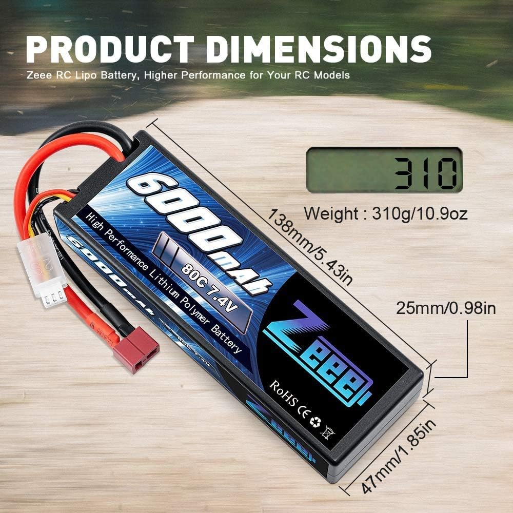 6000mAh 80C 2S 7.4V Hardcase Lipo Battery with Deans Connector (2 Pack) H816