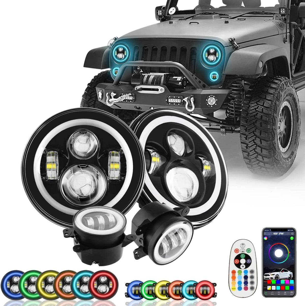 7 inch RGBW Halo LED Headlights and 4 inch Fog Lights Combo L87280