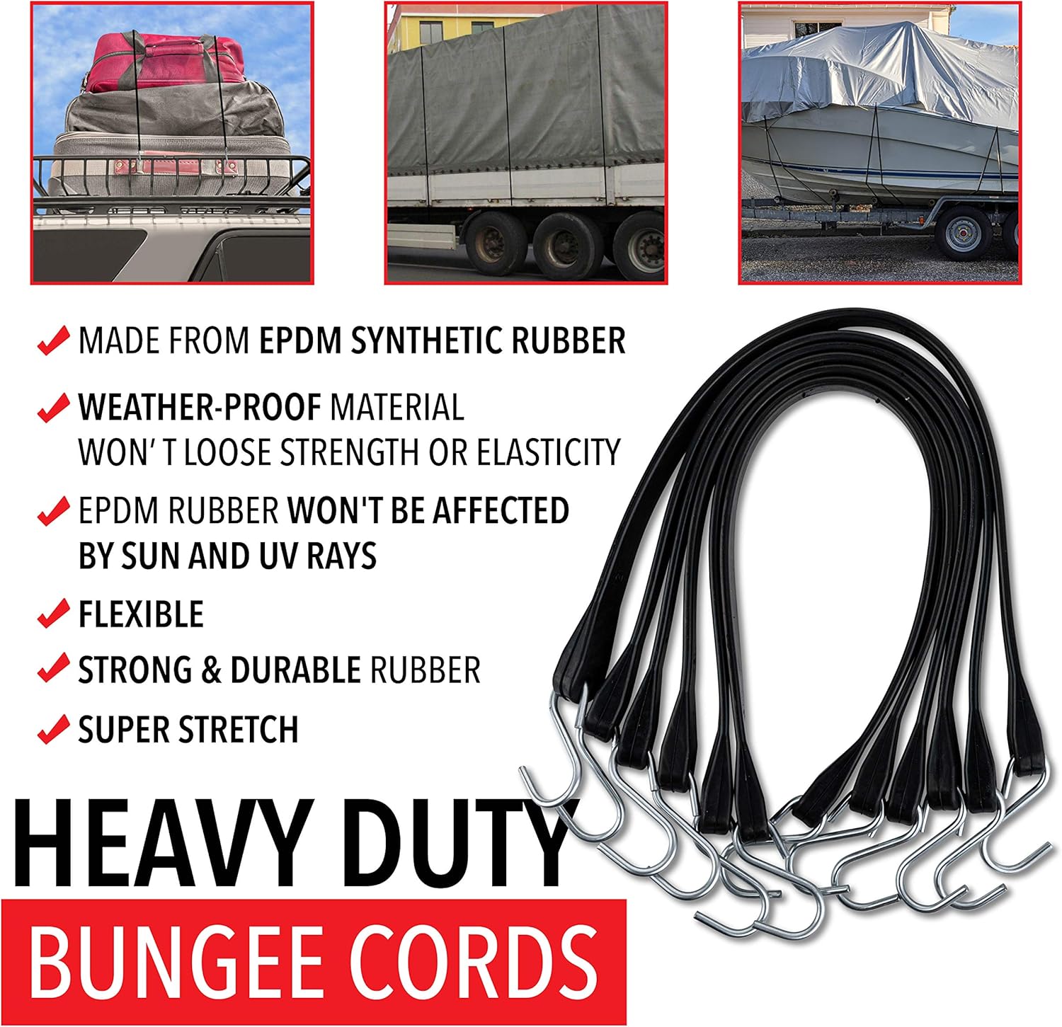 50 Pack Rubber Tarp Straps 31 Long EPDM with Crimped Hooks Bungee Cords A1899