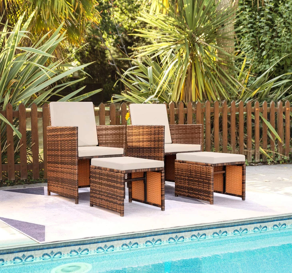Beige 4 Piece PE Wicker Patio Furniture Set with Ottomans L930