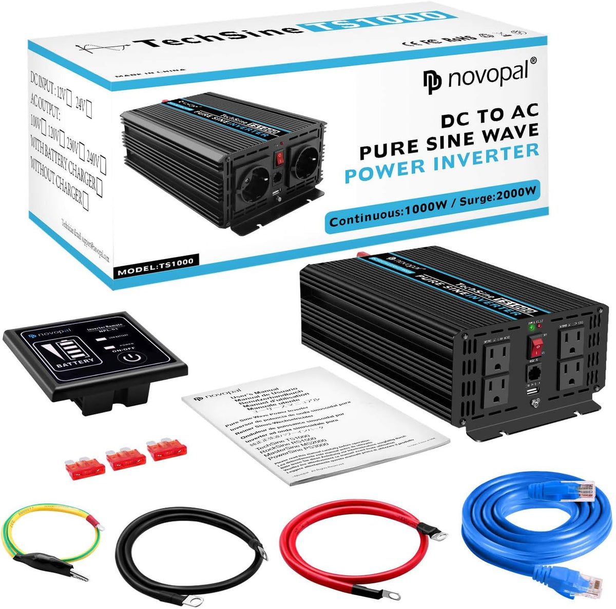 Pure Sine Wave Power Inverter 1000 Watt 12V DC to 110V AC Converter with 4 AC Outlets and One USB Port B977