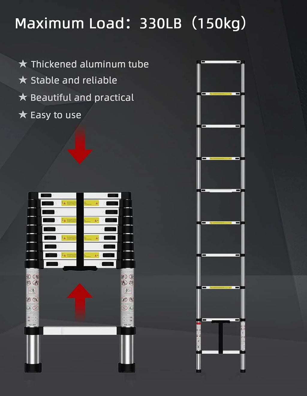 Telescoping Ladder, 12.5 FT Aluminum Heavy Duty 330 lbs Load G21452