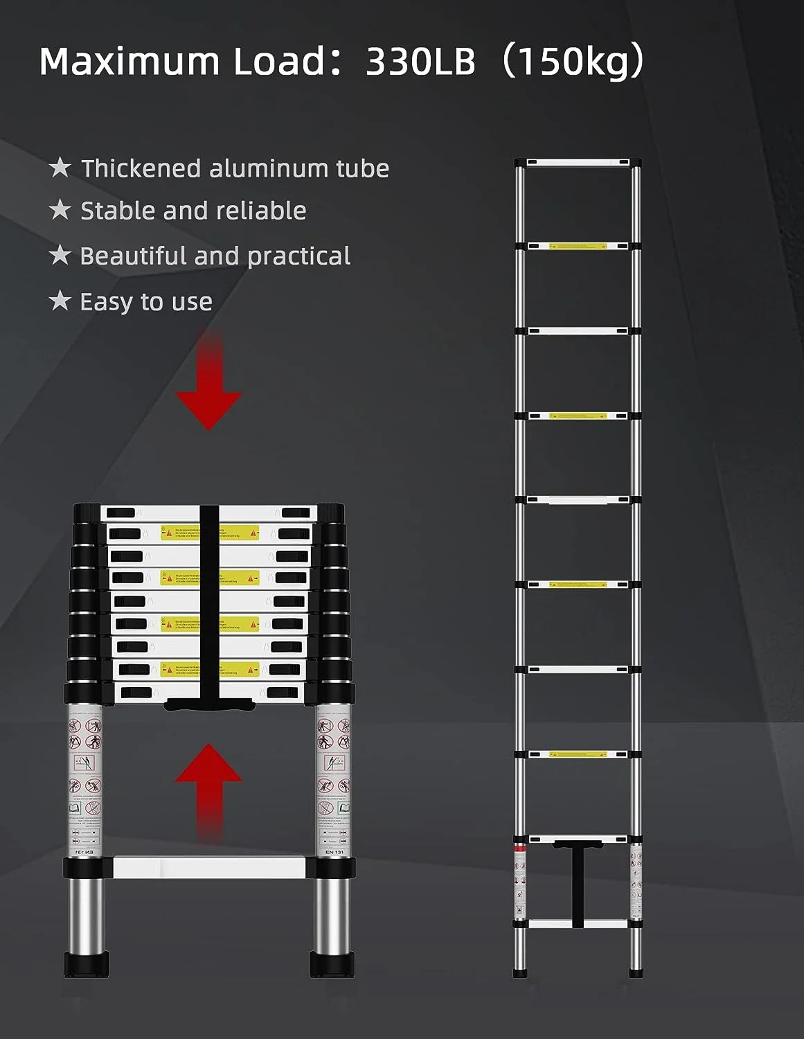 Telescoping Ladder, 12.5 FT Aluminum Heavy Duty 330 lbs Load G21452
