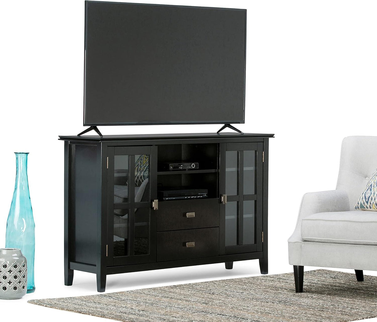 Black Solid Wood TV Media Stand with Storage Shelves and Cabinets W471805