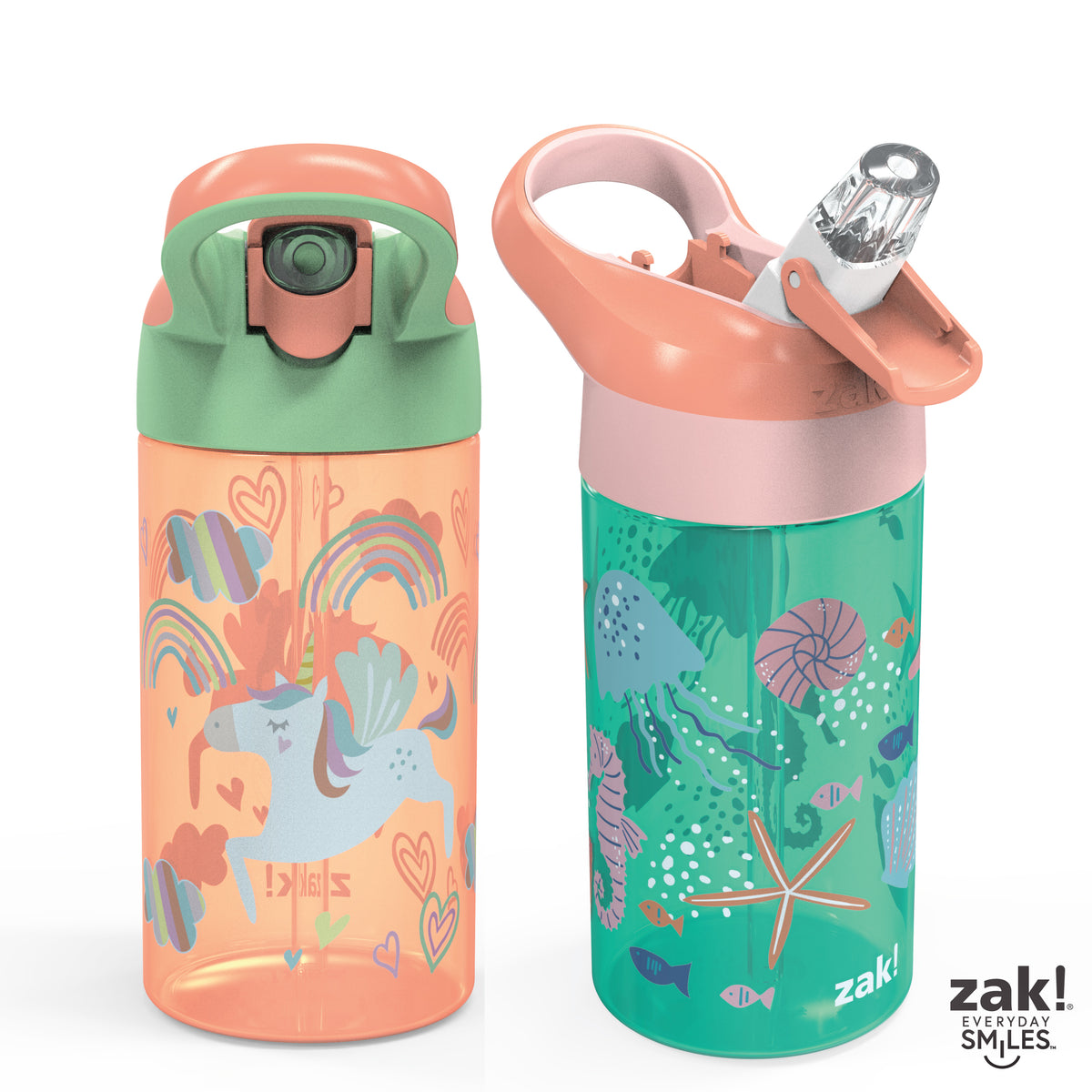 2pc 16 oz Kids Water Bottle Plastic with Flip Straw Spout Cover and Carry Handle T461