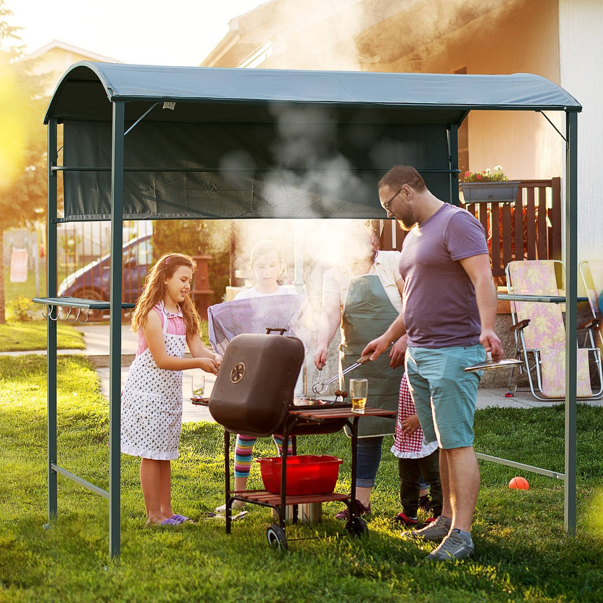 7 ft. x 4.5 ft. Patio BBQ Grill Canopy Gazebo Tent with Side Awning K134179