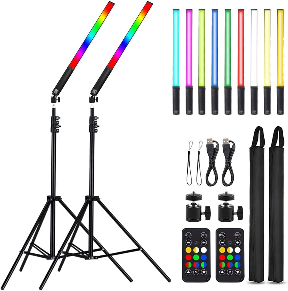 LED Light Sticks RGB Light Wand Photography Light Stick Video Lighting Kit 9 Color Modes with Tripods Pack of 2 P9949