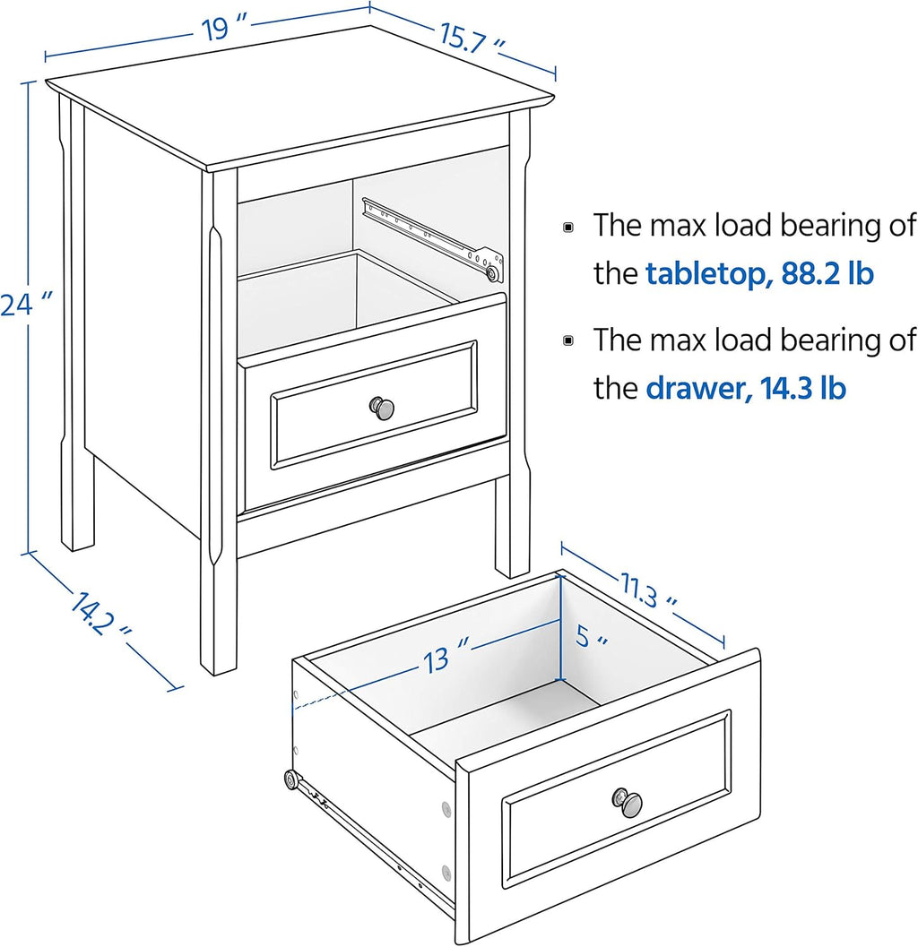 Set of 2 Wooden Side End Tables with Double Drawers, Black H246