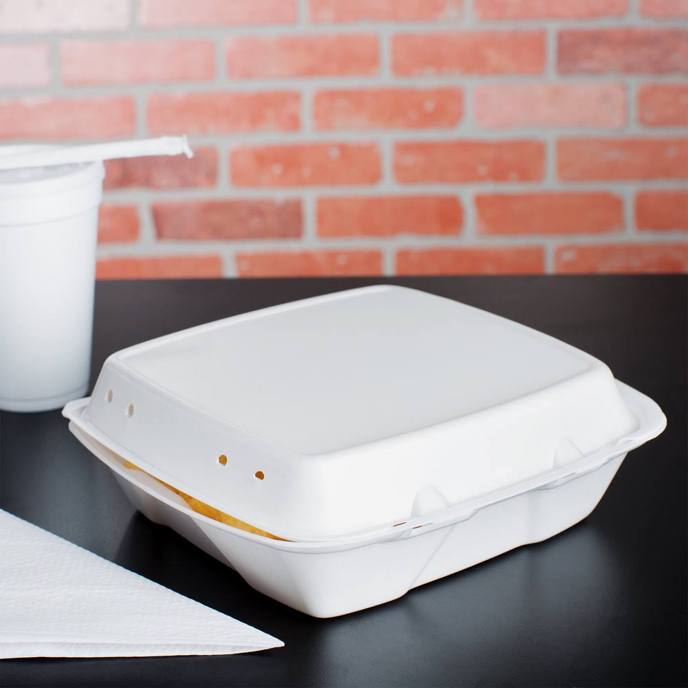 White Foam Square Vented Take Out Container with Perforated Hinged Lid T5864