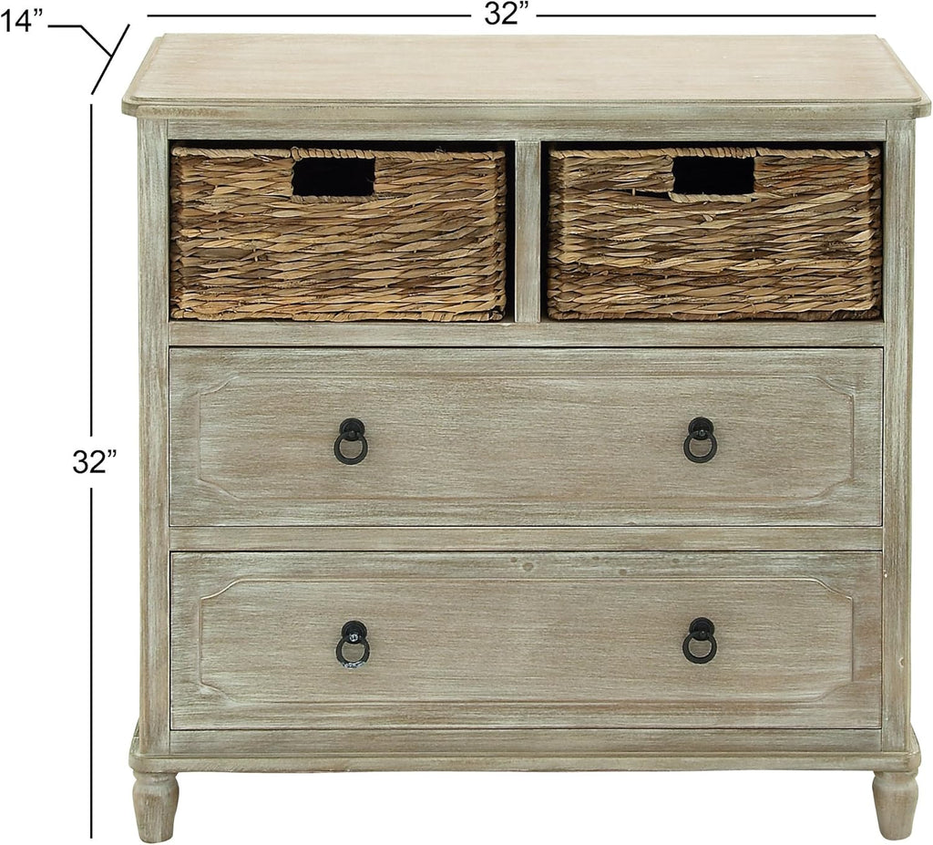 Beige Wood Cabinet with Natural Wicker Storage Basket Drawers K7176