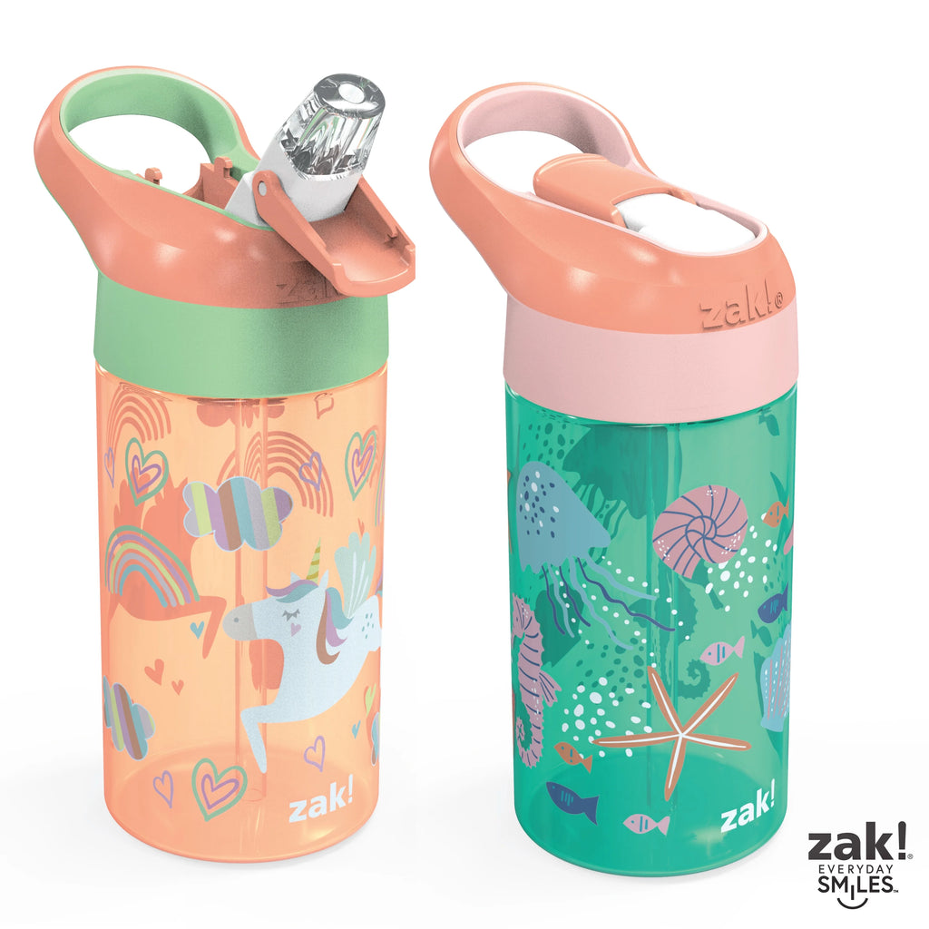 2pc 16 oz Kids Water Bottle Plastic with Flip Straw Spout Cover and Carry Handle T461