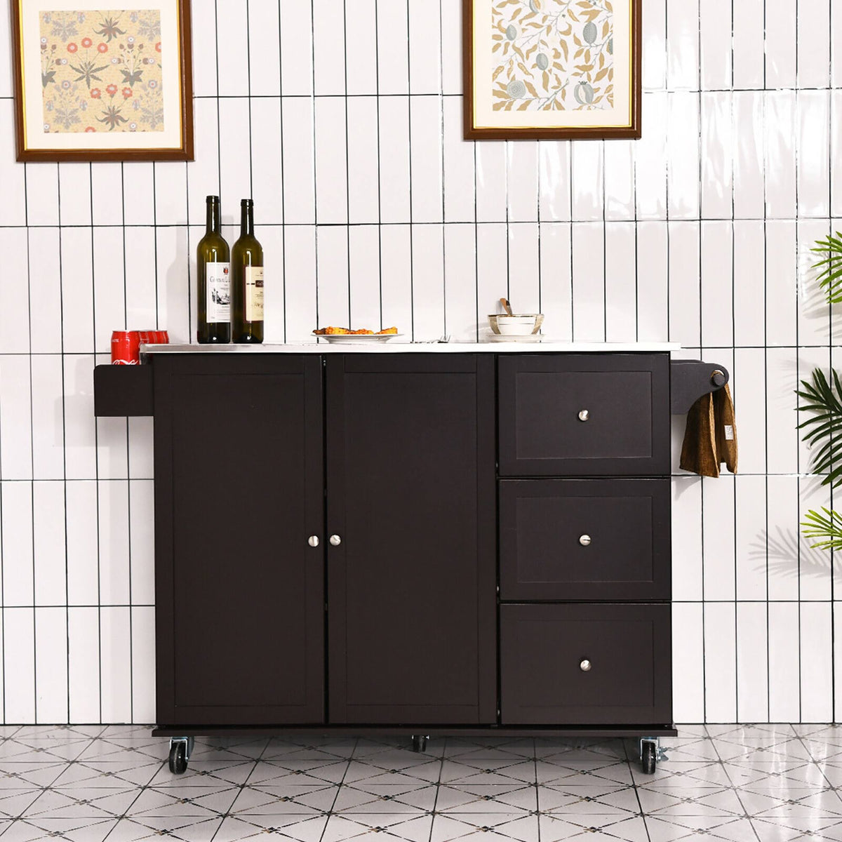 Kitchen Island 2-Door Storage Cabinet Stainless Steel Top with Drawers S4146